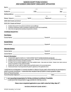Marion County Summer Enrichment Enrollment Application