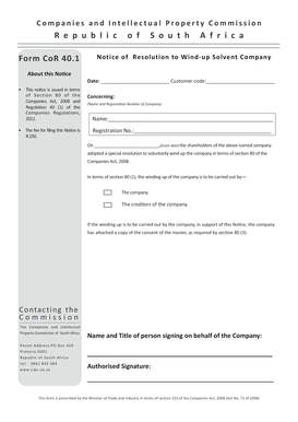 South Africa CoR 40.1 Notice of Resolution to Wind-Up Solvent Company