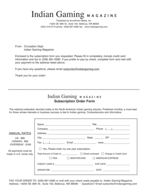 Indian Gaming Magazine Subscription Form