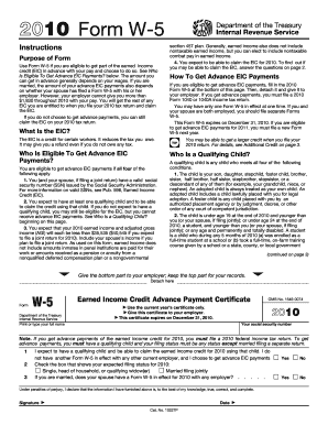 2010 Form W-5 Earned Income Credit Advance Payment Certificate