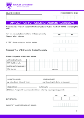 Rhodes University Undergraduate Admission Application