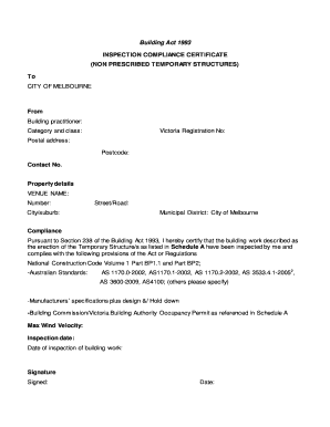 Inspection Compliance Certificate for Non-Prescribed Temporary Structures