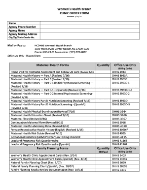 North Carolina Women's Health Clinic Order Form