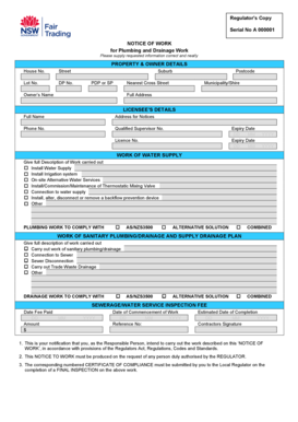 Notice of Work for Plumbing and Drainage