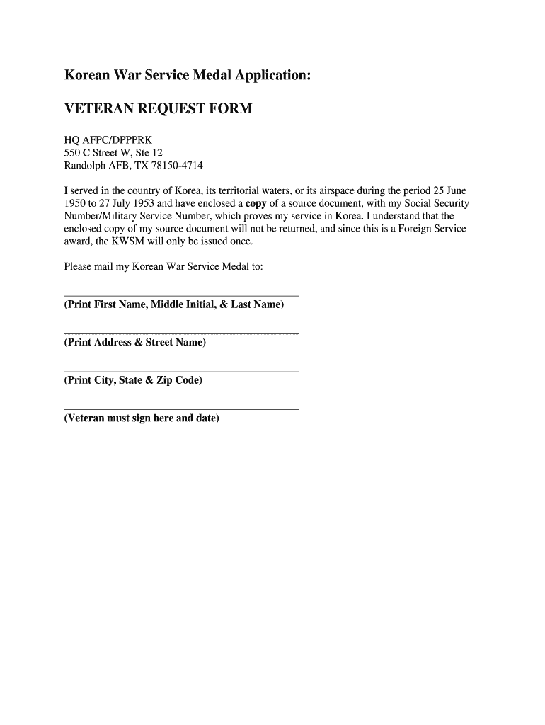 Fillable Online Korean War Service Medal Application VETERAN... Fax
