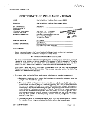 Certificate of Insurance Texas