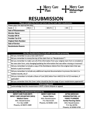 Fillable Online Resubmission Form - Mercy Care Plan Fax ...