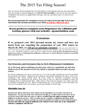 2015 Tax Return Organizer and Affordable Care Act Checklist