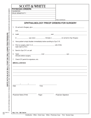 Ophthalmology Preop Orders Form