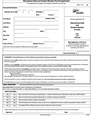 Ohio Educational Aide and Student Monitor Permit Application