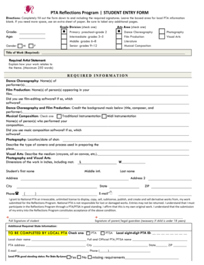 PTA Reflections Program Student Entry Form