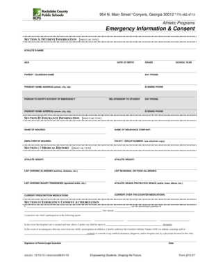 Athletic Emergency Information and Consent Form