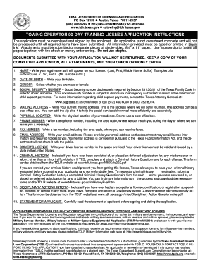 Texas Towing Operator 90-Day Training License Application