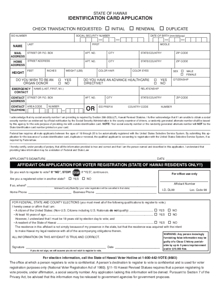 hawaii state id application form online Preview on Page 1.