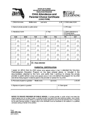 Florida VPK Child Attendance Certificate