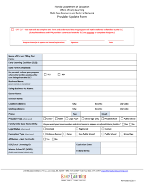 Florida Child Care Provider Update Form