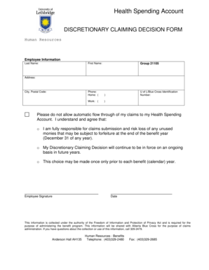 Health Spending Account Discretionary Claiming Decision Form