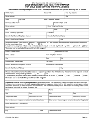 Ohio Child Enrollment and Health Information Form