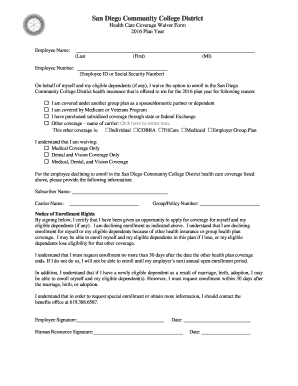 San Diego Community College District Health Care Waiver Form