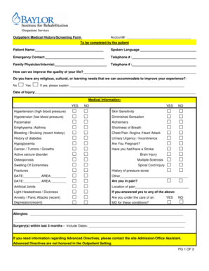 Outpatient Medical History Screening Form