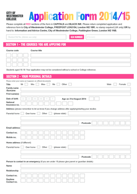 City of Westminster College Application Form 2014/15