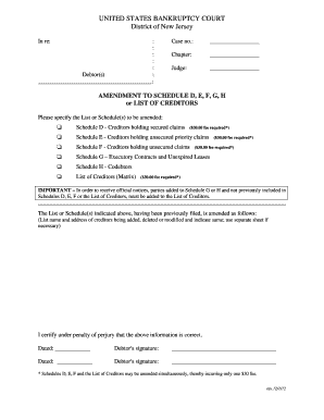 Amendment to Bankruptcy Schedules
