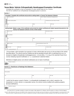 Texas Motor Vehicle Orthopedically Handicapped Exemption Certificate