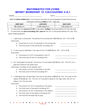 Money Worksheet 12: Calculating VAT