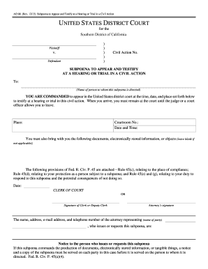 US Federal Subpoena to Appear and Testify