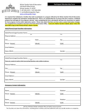 Winter Garden Parks Recreation Participant Membership Form