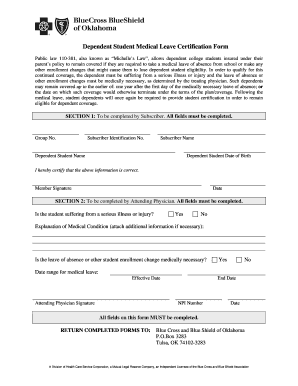 Dependent Student Medical Leave Certification Form