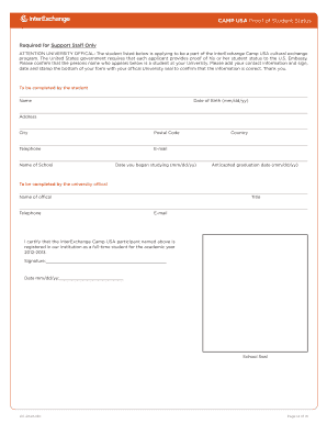 Camp USA Proof of Student Status Form