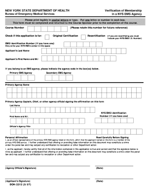 New York State EMS Membership Verification Form