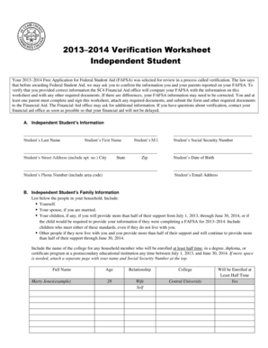 2013-2014 Verification Worksheet for Independent Students