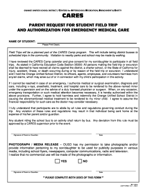 Parent Request for Student Field Trip and Authorization for Emergency Medical Care
