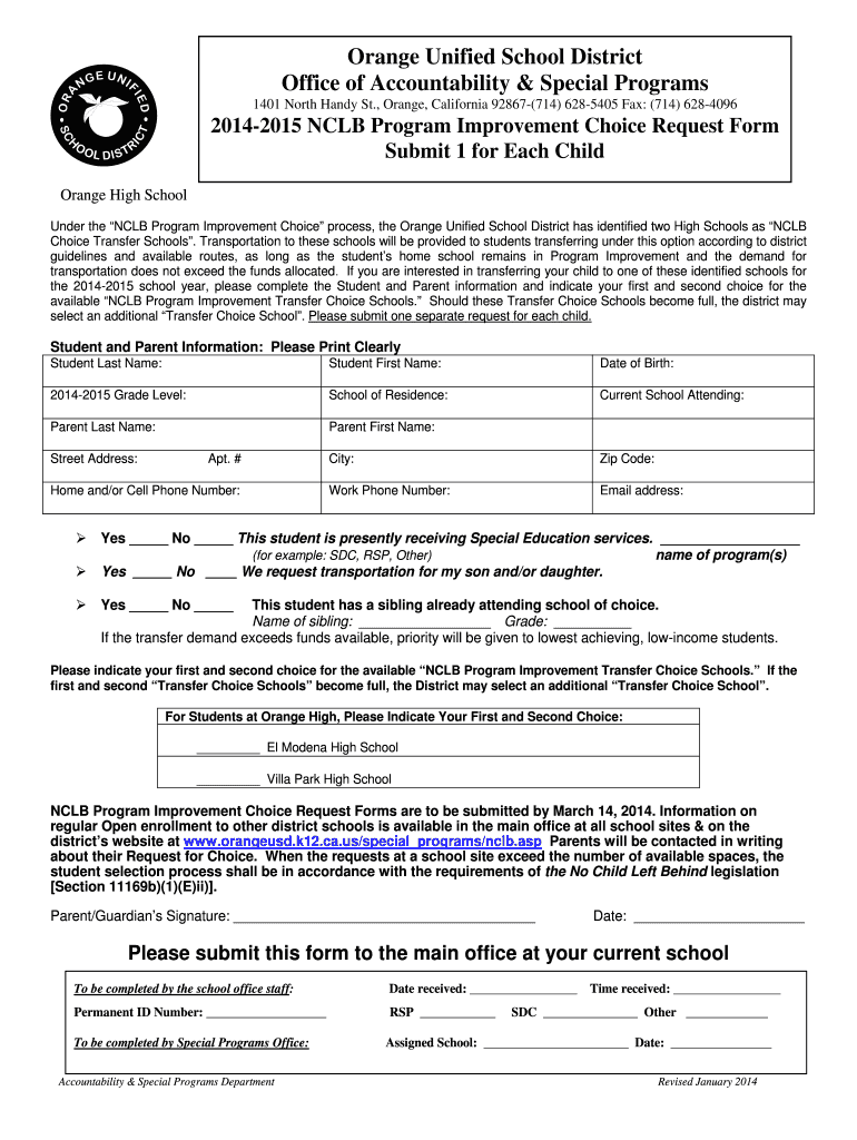 Fillable Online orangeusd k12 ca Orange High School NCLB Choice Form