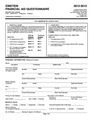 Einstein 2012-2013 Financial Aid Questionnaire