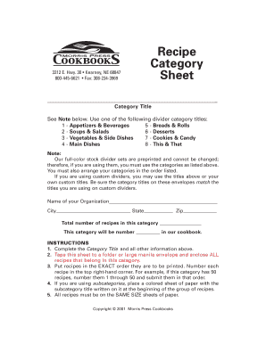 Cookbook Category Divider Sheet