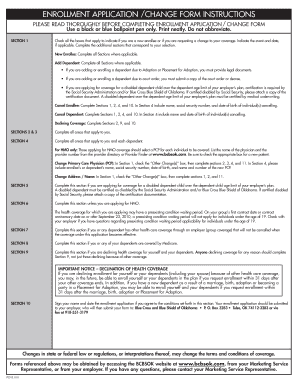 Blue Cross Blue Shield of Oklahoma Enrollment Application/Change Form