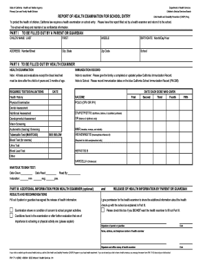 California School Entry Health Examination Report