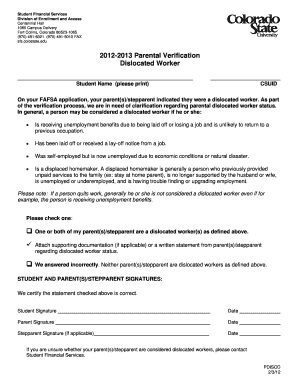 2012-2013 Parental Verification for Dislocated Worker