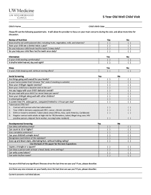 5 Year Old Well Child Visit Form