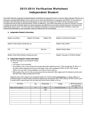 2013–2014 Verification Worksheet for Independent Student