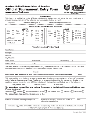 Amateur Softball Association Tournament Entry Form