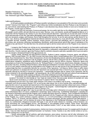 Personal Release for America's Got Talent