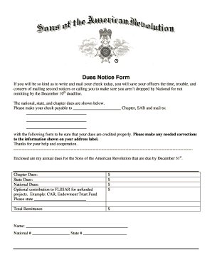 Sons of the American Revolution Dues Notice Form
