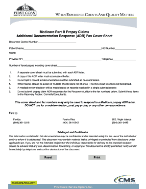 Medicare Part B Prepay Claims ADR Fax Cover Sheet