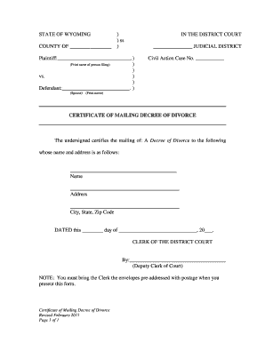 Wyoming Divorce Decree Mailing Certificate