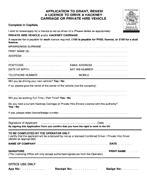UK Hackney Carriage or Private Hire Vehicle Driver Licence Application