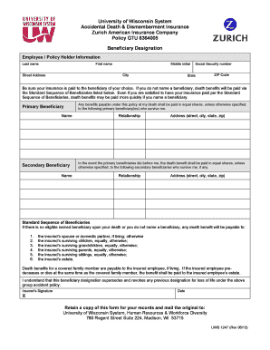 University of Wisconsin Accidental Death & Dismemberment Insurance Beneficiary Designation